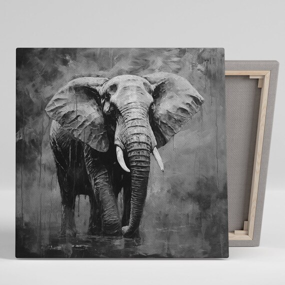 Majestic Elephant in Black and White Misty Wildlife Art Poster