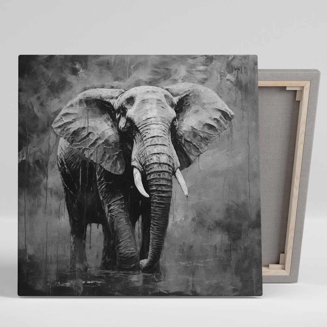 Majestic Elephant in Black and White Misty Wildlife Art Poster