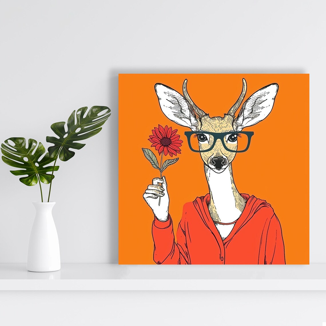 Hipster Deer in Glasses and Red Hoodie Holding Flower Bohemian Wall Art - Image 2