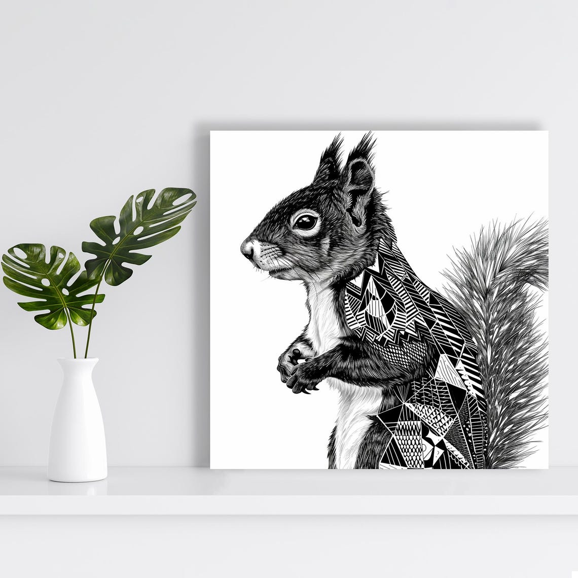Monochrome Squirrel With Geometric Tribal Pattern Body Wall Art Poster - Image 2