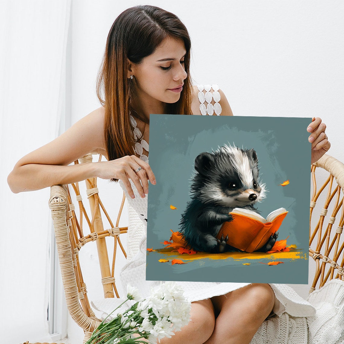 Baby Badger Reading Orange Book Autumn Leaves Cozy Nursery Poster - Image 3