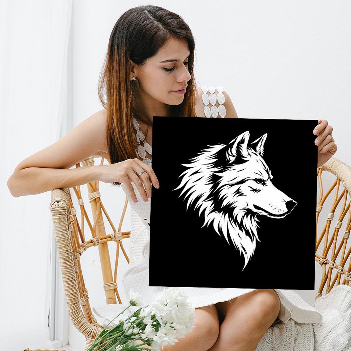 White Wolf Head Silhouette Bold Vector Wall Art On Black Poster - Image 3