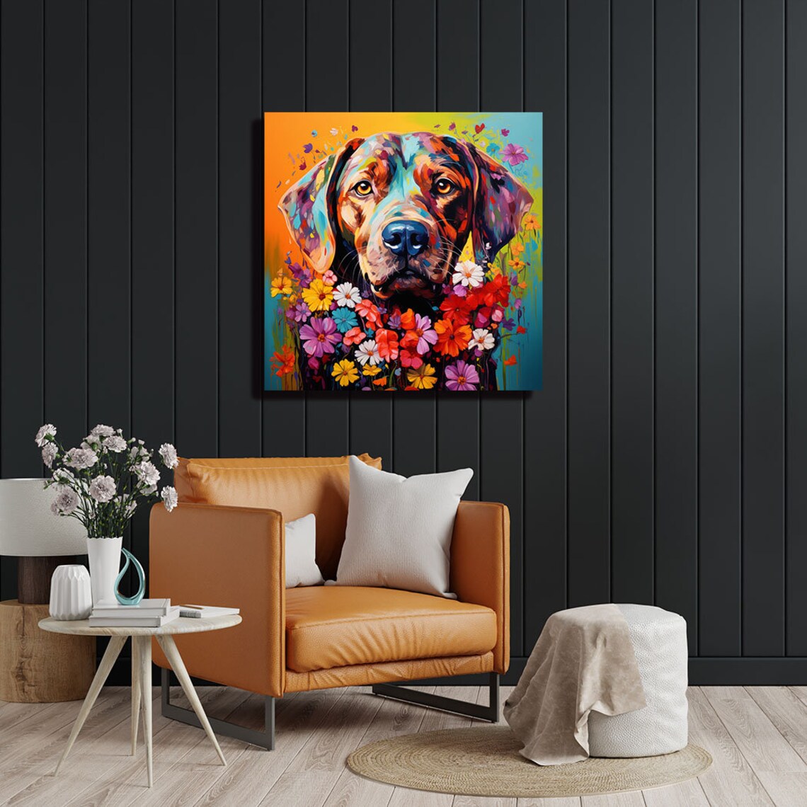 Dog With Flower Art Print, Whimsical Pet Decor - Image 3
