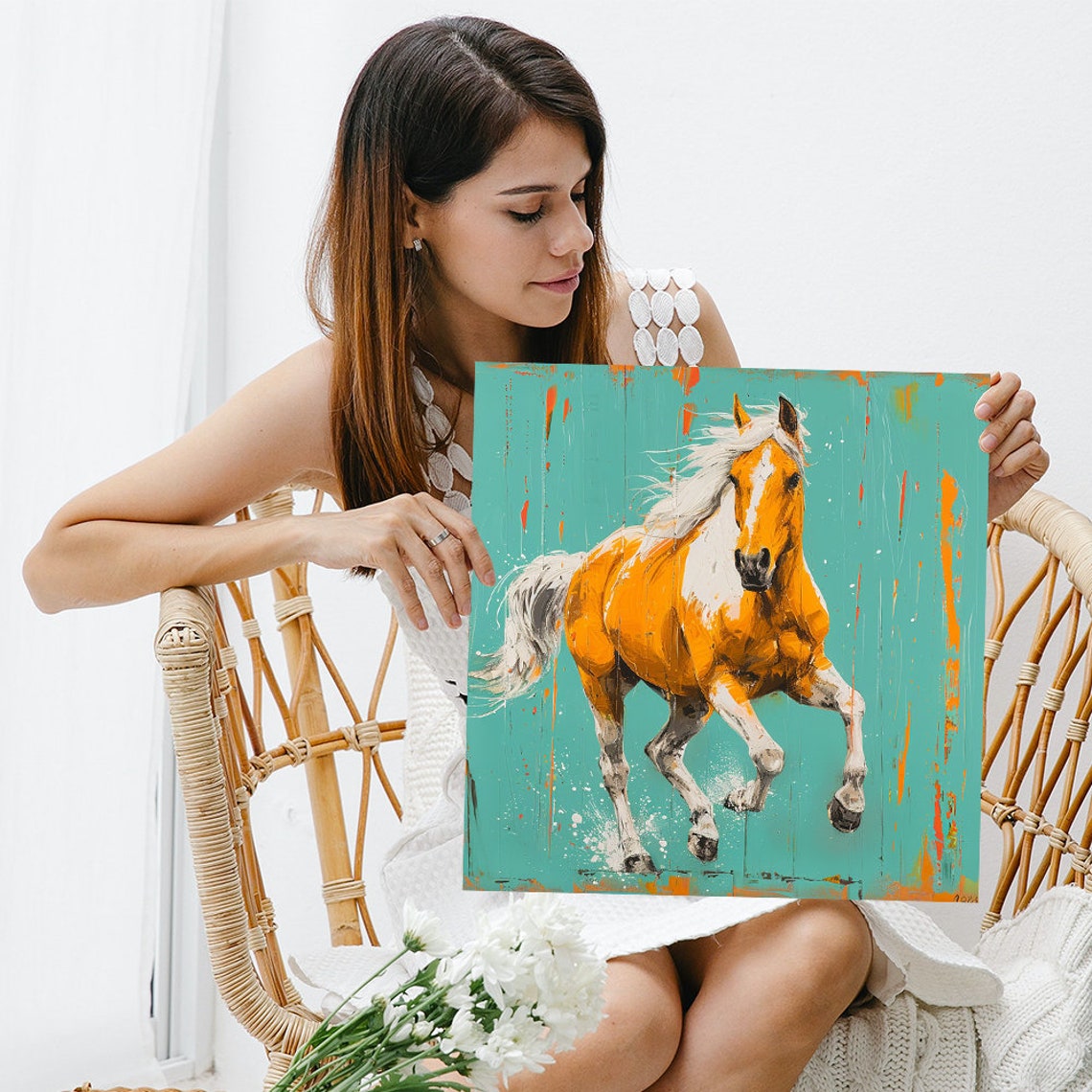 Galloping Palomino Horse Teal Background Rustic Energy Animal Poster - Image 3