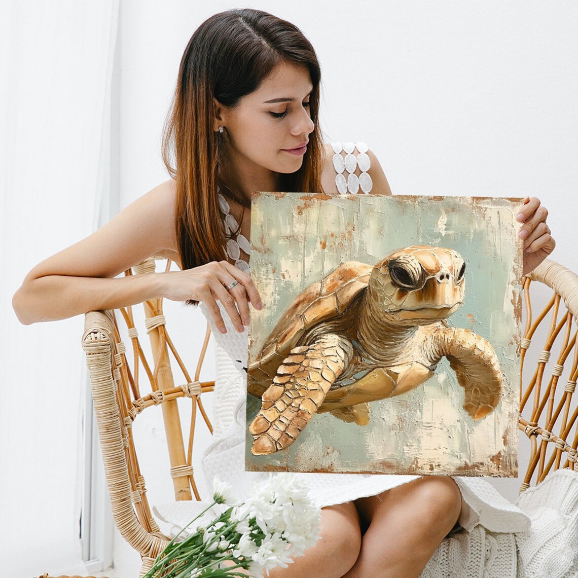 Sea Turtle Coastal Rustic Living Room Art Print - Image 3