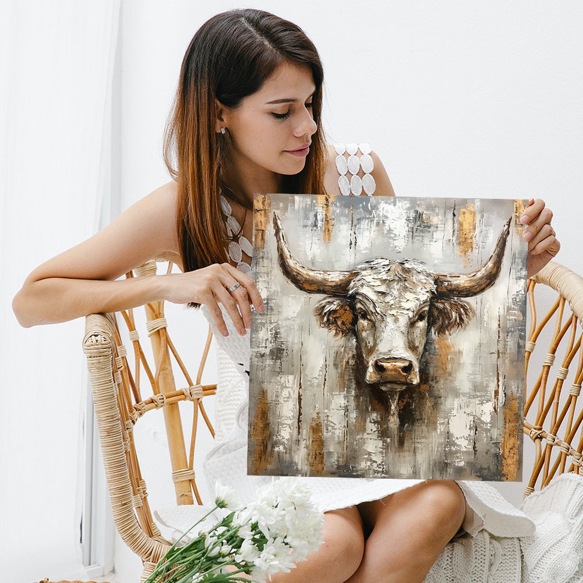 Longhorn Cow Portrait Abstract Grey Gold Brushstroke Farmhouse Poster - Image 3
