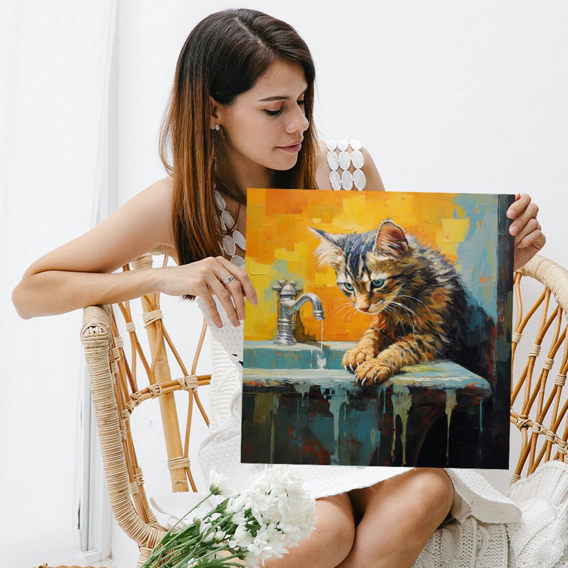 Curious Tabby Kitten At The Faucet Poster Painterly Cat Bathroom Wall Art - Image 3