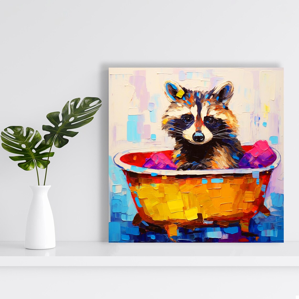 Raccoon In Colorful Bathtub Splash Whimsical Bathroom Animal Art Poster - Image 2