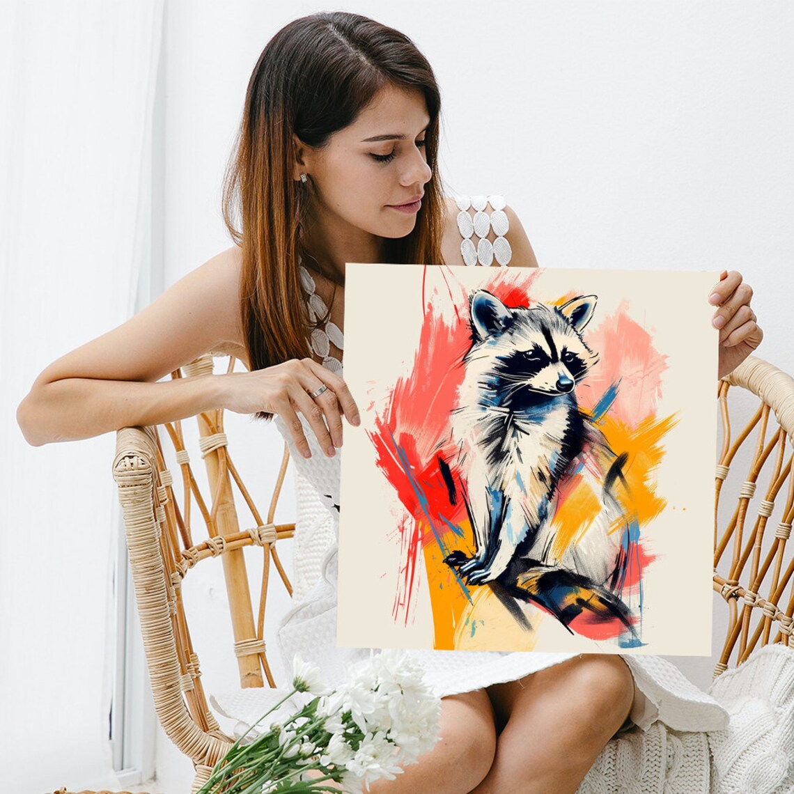 Raccoon Ink Sketch Red Orange Yellow Splash Contemporary Animal Poster - Image 3