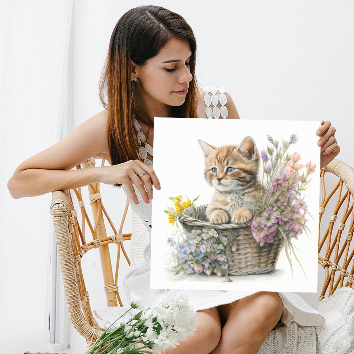 Kitten Flower Basket Watercolor Blue Eyes Cute Floral Nursery Art Poster - Image 3