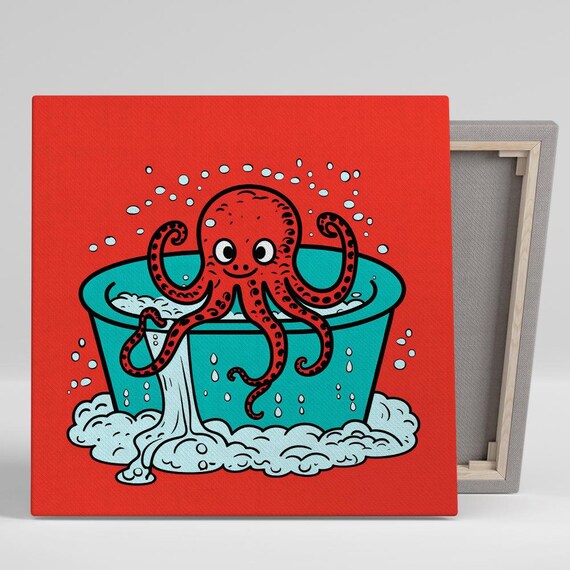 Bubbly Octopus Art Or Poster Contemporary Decor Bathroom Kitchen Childrens Room Game Room Wall Art Red Turquoise Black White
