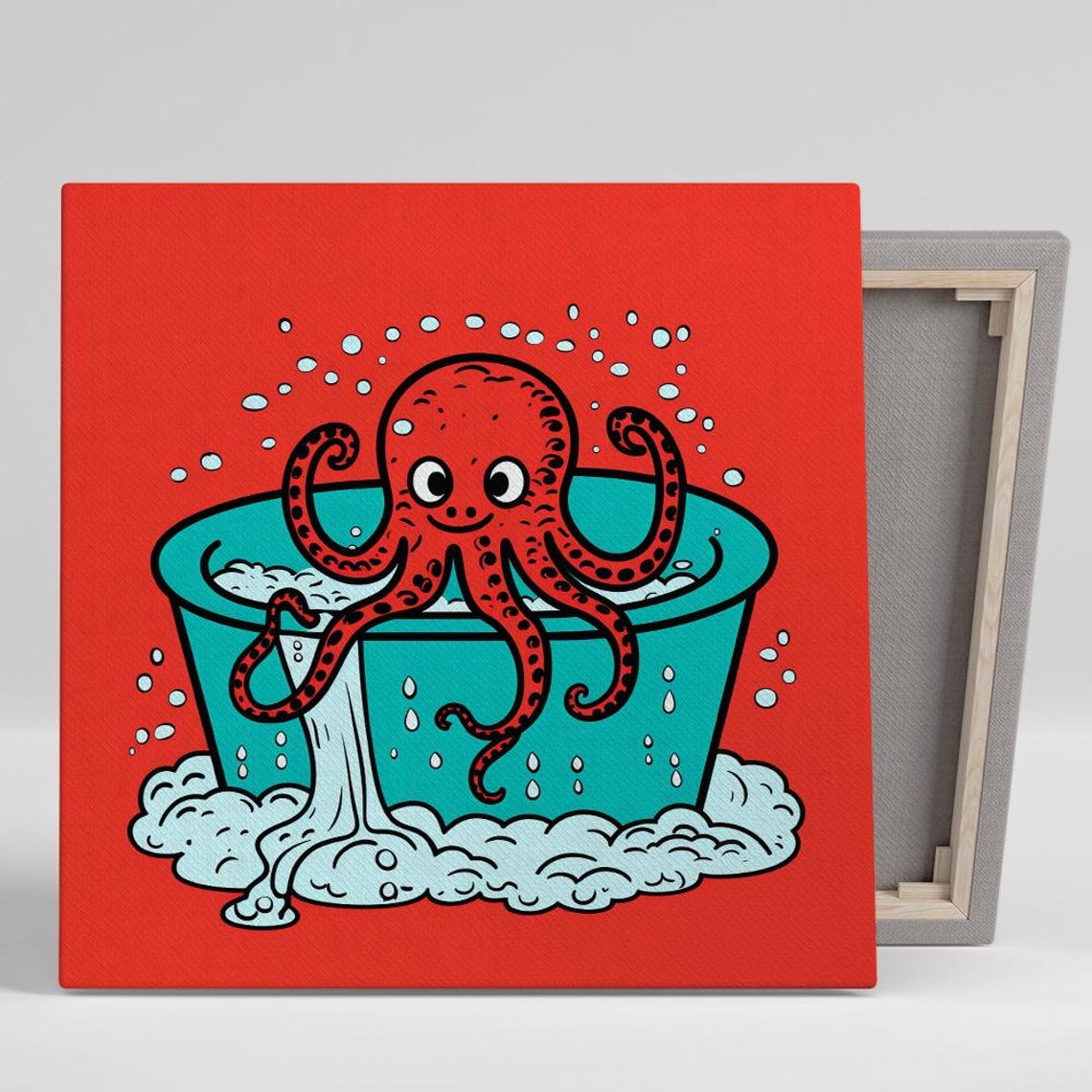 Cute Red Octopus Bubble Bath Cartoon Kids Bathroom Animal Art Poster