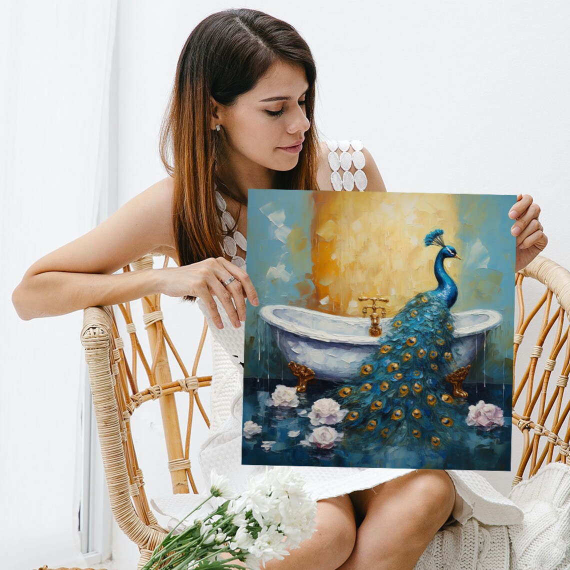Peacock in Bathtub, Exotic Bathroom Wall Art Print - Image 5