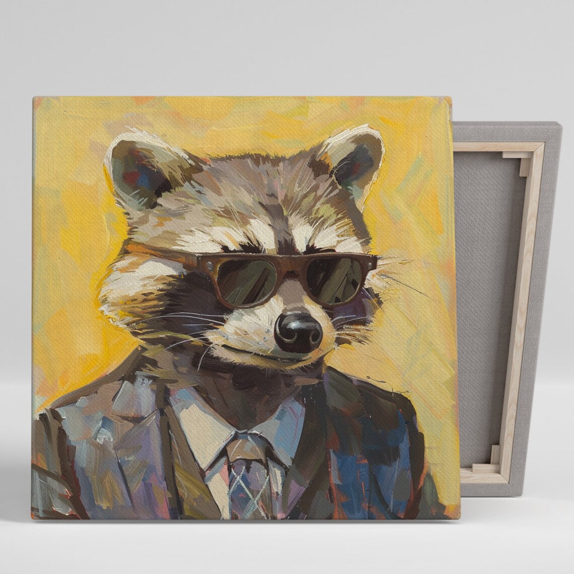 Dapper Raccoon Sunglasses Suit Tie Yellow Background Funny Office Poster