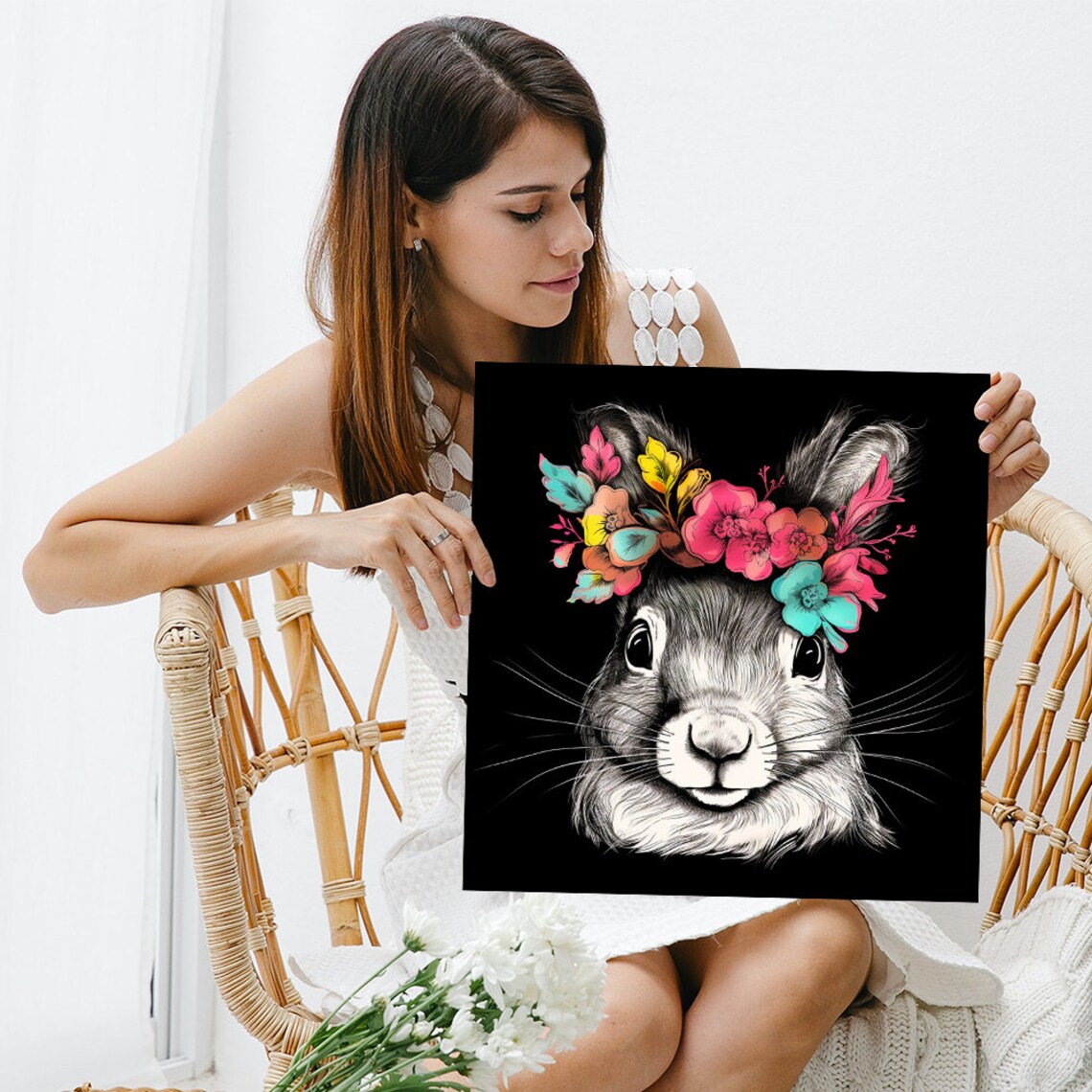 Flower Crown Squirrel Pink Yellow Teal Blooms Black Background Wall Art - Image 3
