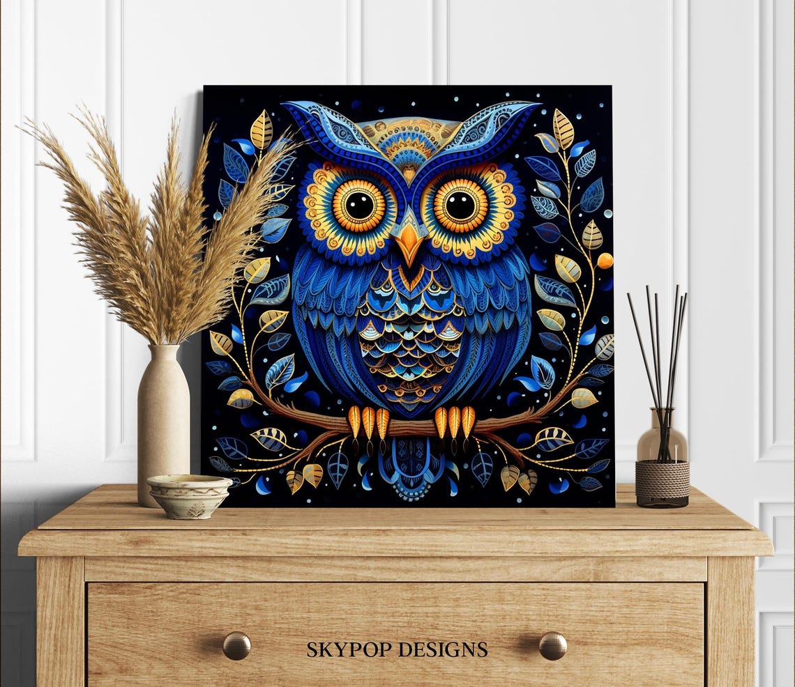 Ornate Blue Gold Owl Decorative Night Branch Boho Animal Art Poster - Image 2