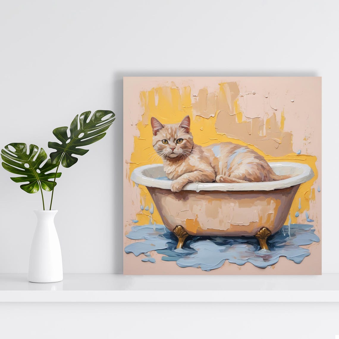 Orange Tabby Cat in Clawfoot Bathtub Painterly Bathroom Wall Poster - Image 2