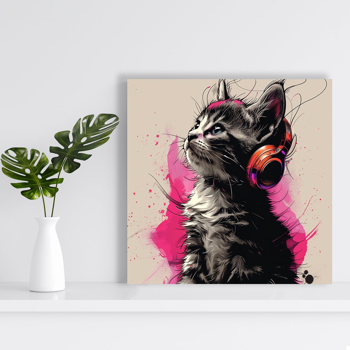 Kitten Wearing Headphones Pink Splash Modern Music Lover Wall Art - Image 2