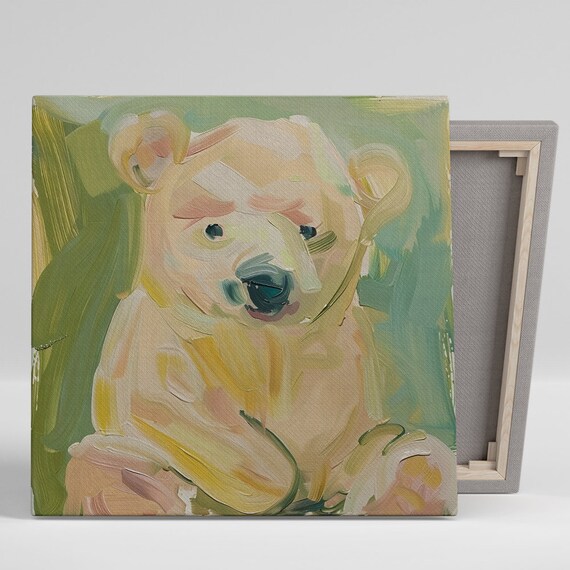 Pastel Polar Bear Cub Soft Painterly Portrait Green Cream Wall Art Poster