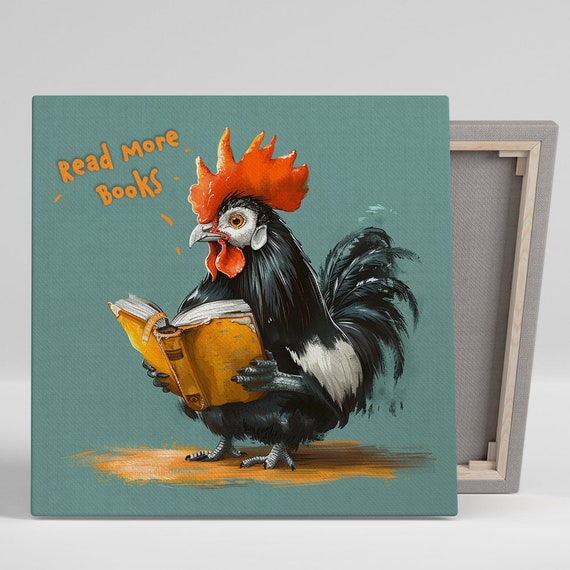 Bookworm Rooster Art Or Poster Whimsical Animal Decor Library Office Children Room Living Room Wall Art Teal Black Orange Yellow