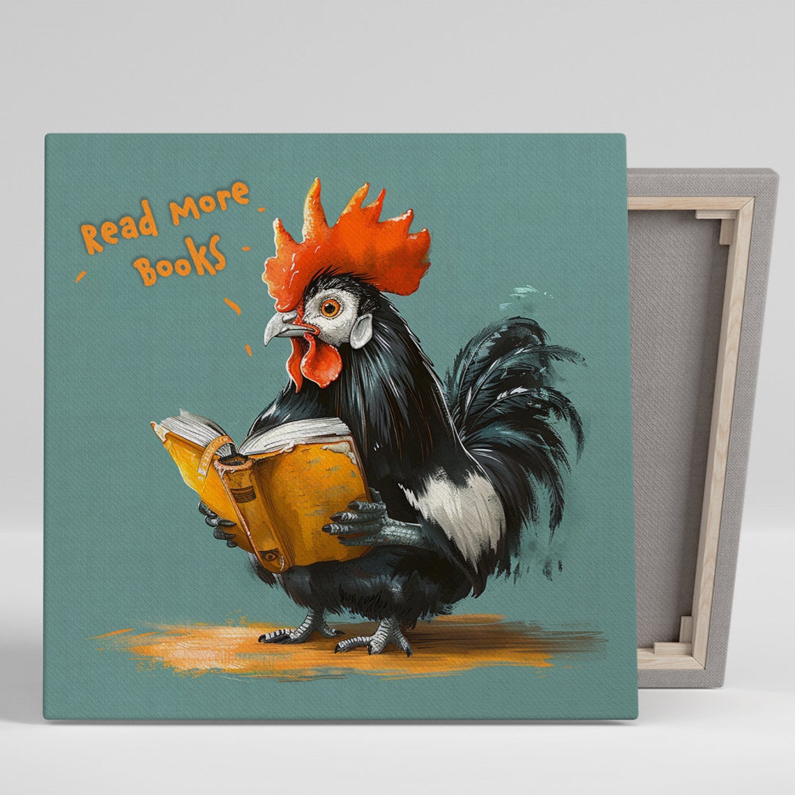 Rooster Reading Book Read More Books Quote Teal Whimsical Poster