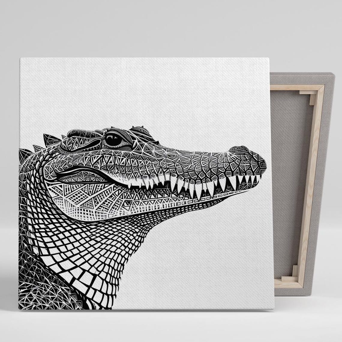 Ornate Geometric Crocodile Head Tribal Black White Wall Art Poster