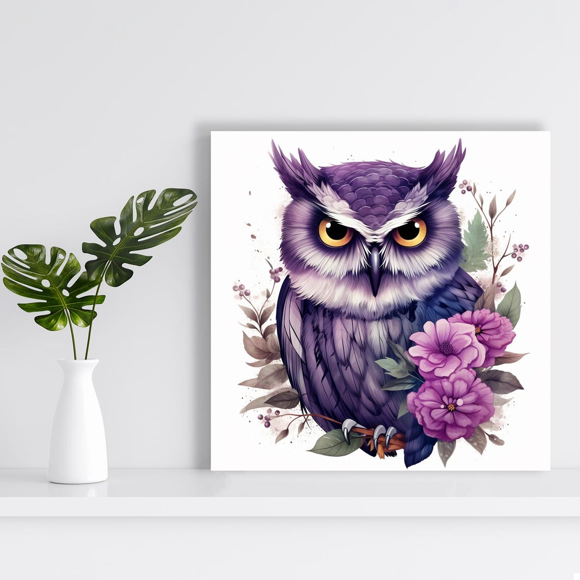 Purple Owl With Pink Blossoms Floral Botanical Elegant Wall Poster - Image 2