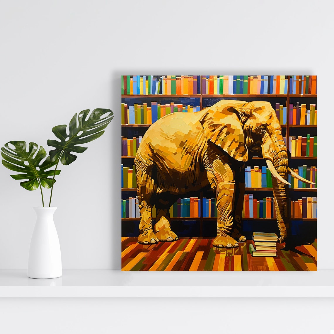 Golden Elephant Standing in Library Among Colorful Books Wall Art - Image 2