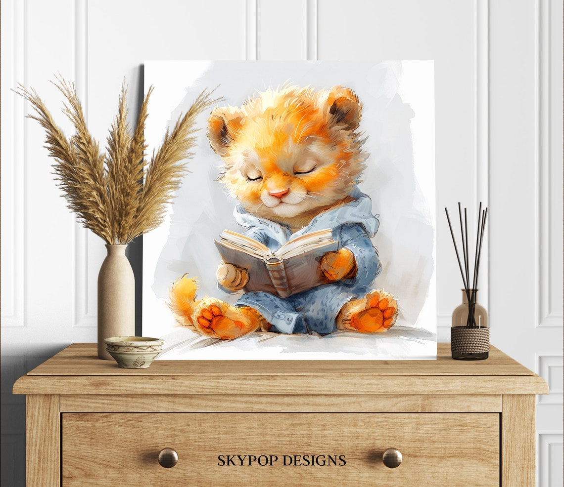 Cozy Kitten Reading Book Pajamas Soft Watercolor Nursery Wall Poster - Image 2