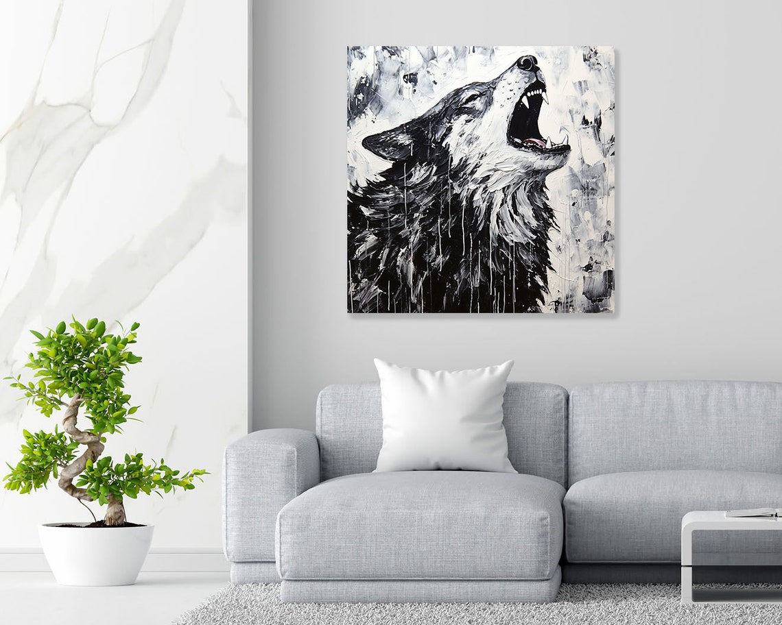 Howling Wolf Black White Splash Paint Dramatic Wildlife Wall Poster - Image 2