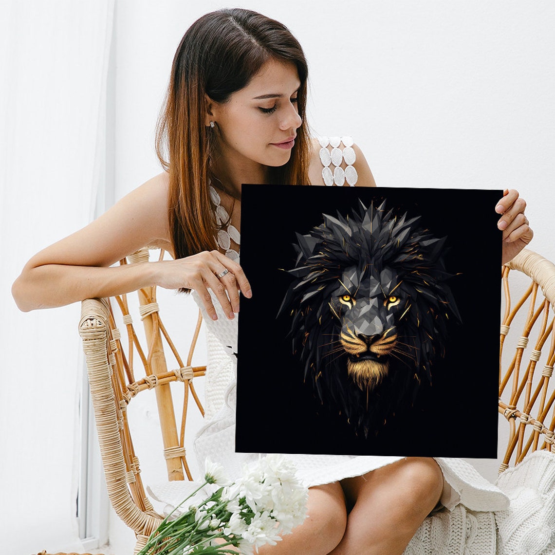 Geometric Black Lion Gold Eyes Contemporary Minimal Wall Art Poster - Image 3