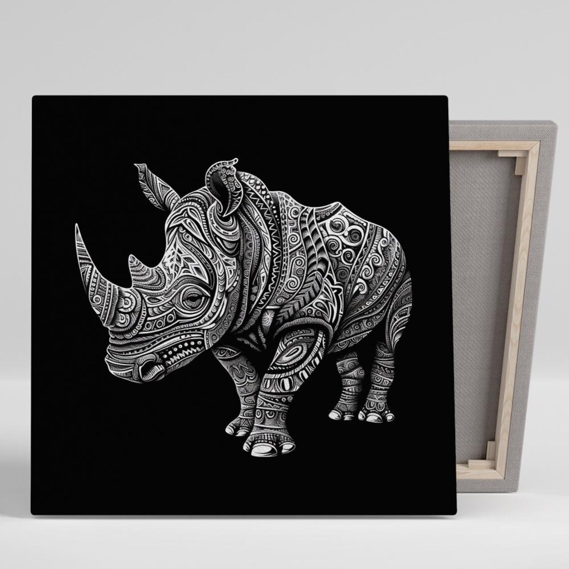 Zentangle Rhino Black White Intricate Patterned Mandala Animal Wall Art Poster