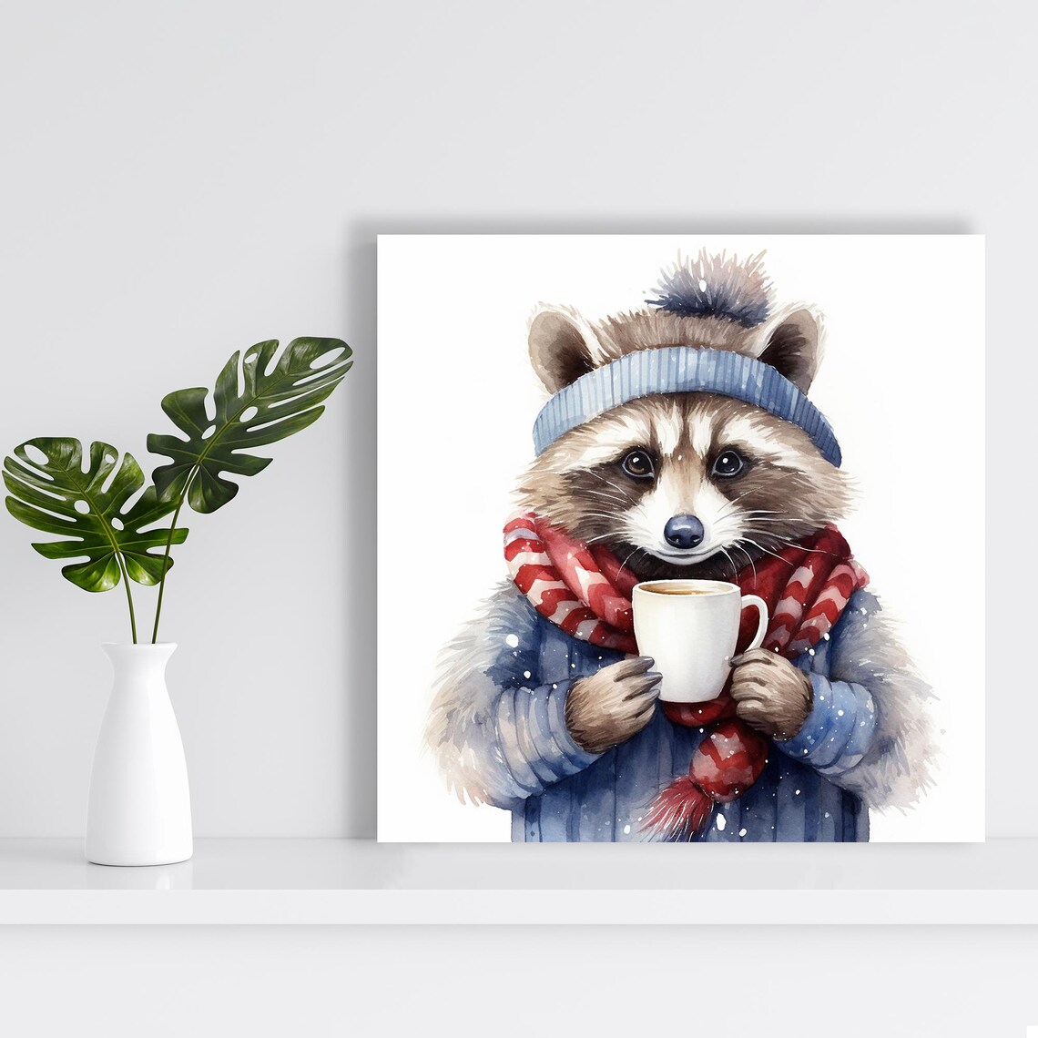 Cozy Raccoon Winter Coffee Mug Beanie Scarf Watercolor Animal Wall Art Print - Image 2