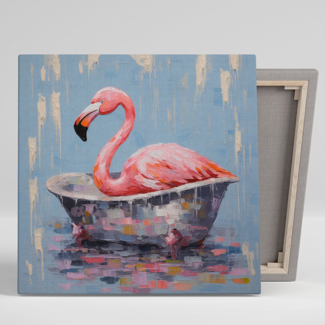Flamingo in Bathtub Poster, Nursery Bathroom Decor