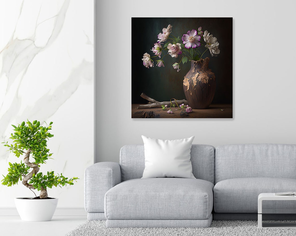 White Anemone Flowers Dark Rustic Vase Moody Floral Still Life Poster - Image 4