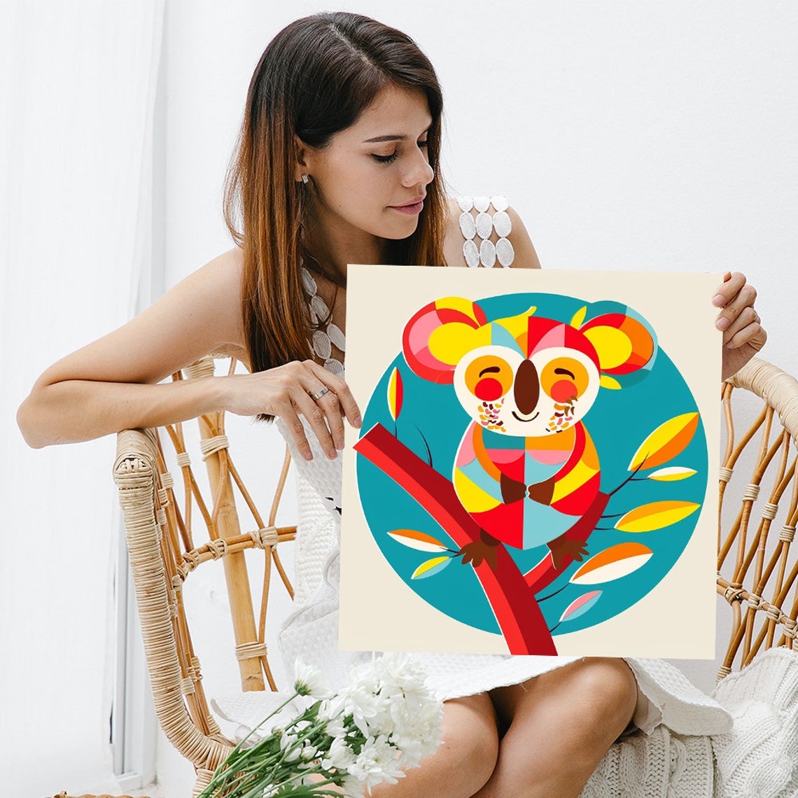Cute Geometric Koala Branch Teal Red Yellow Playful Kids Art Poster - Image 3