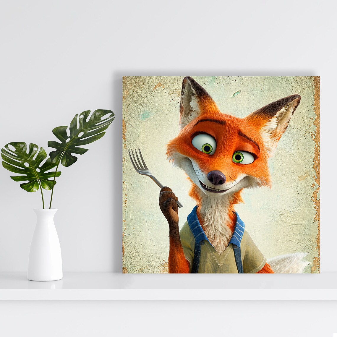 Sly Fox Dinner Party Fork Whimsical Grin Vintage Cartoon Kitchen Wall Art - Image 2