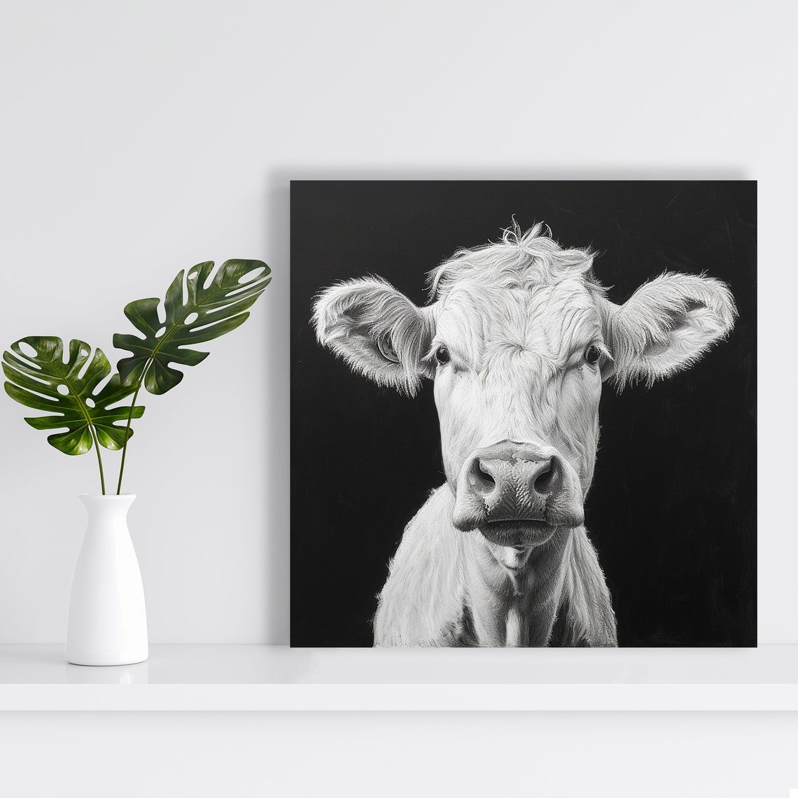 White Cow Portrait Black and White Minimalist Farm Animal Wall Art - Image 2