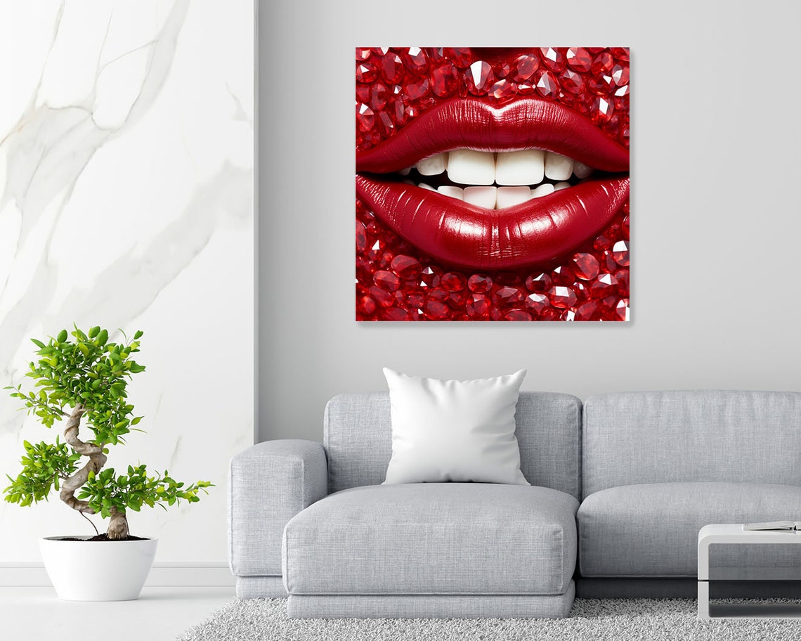 Glossy Red Lips Surrounded By Sparkling Red Jewels Glam Beauty Poster - Image 2