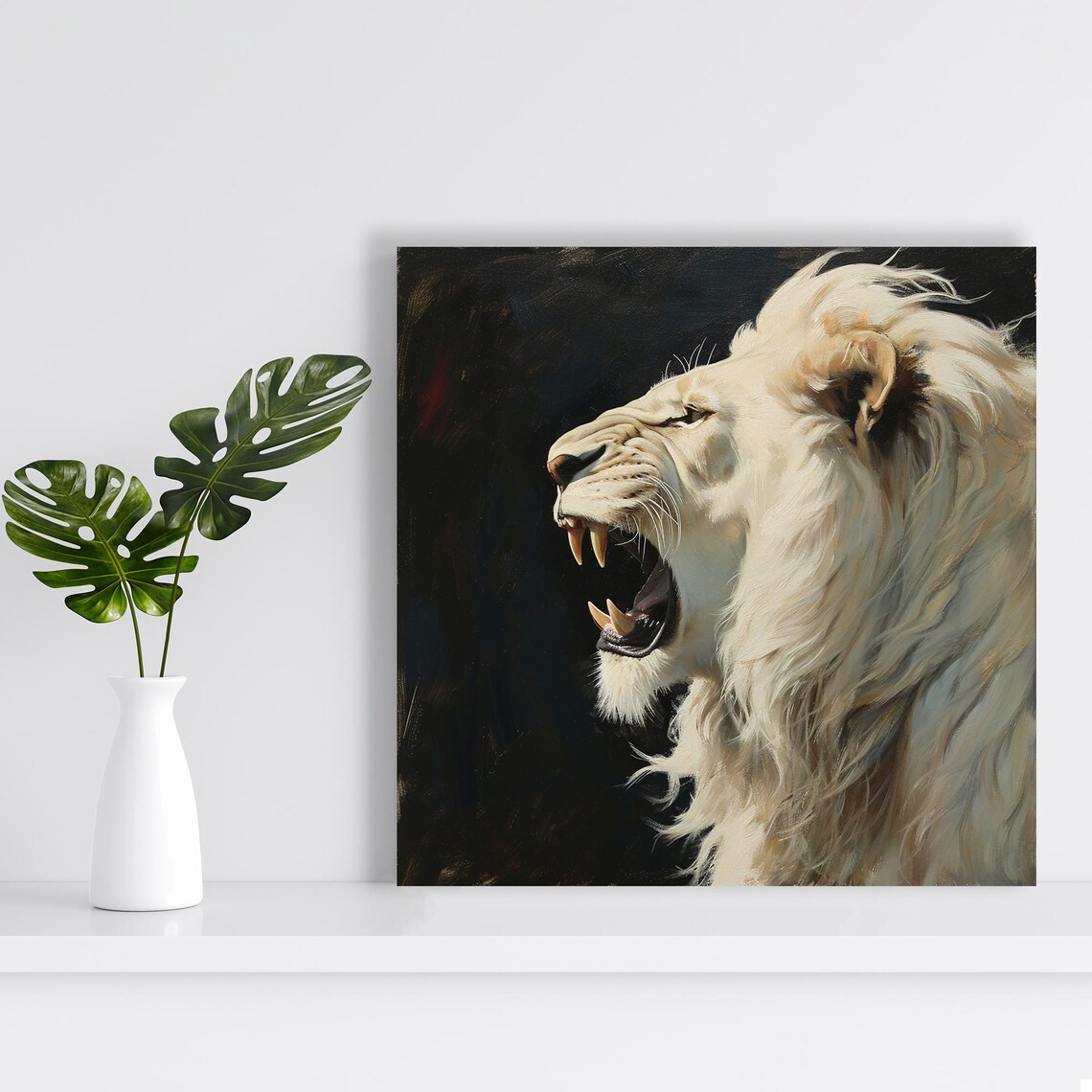 Majestic White Lion Roar Dramatic Oil Painting Dark Background Art Poster - Image 2