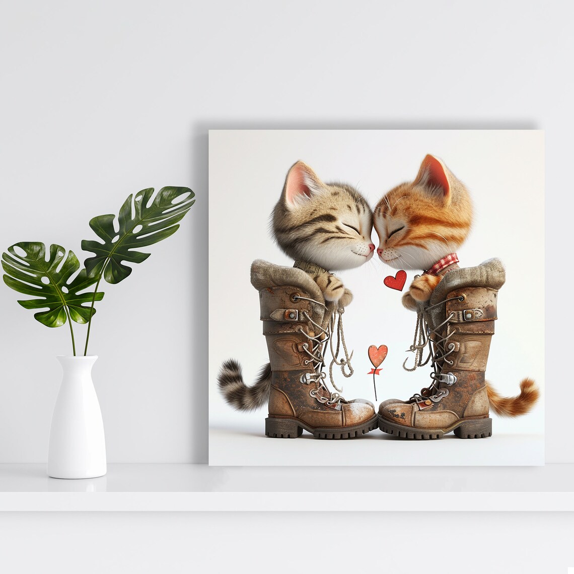 Two Kittens In Rustic Boots Touching Heads Sweet Heartwarming Art Poster - Image 2