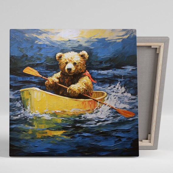 Adventurous Bear Paddling Yellow Canoe Blue River Oil Painting Poster