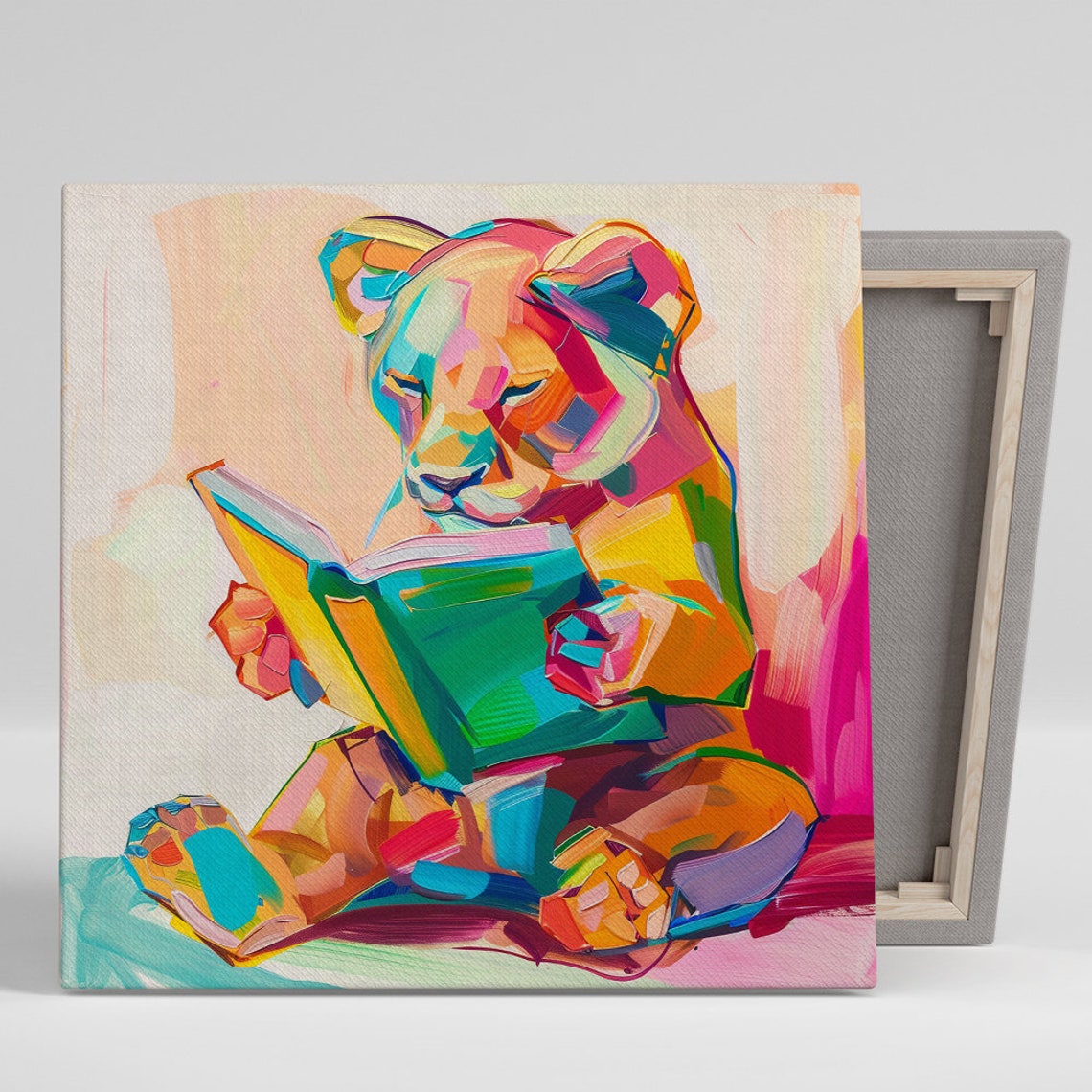 Colorful Lion Reading Book Fauvist Art Whimsical Library Poster