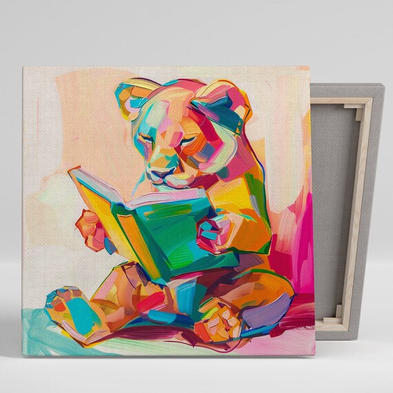 Colorful Lion Reading Book Fauvist Art Whimsical Library Poster