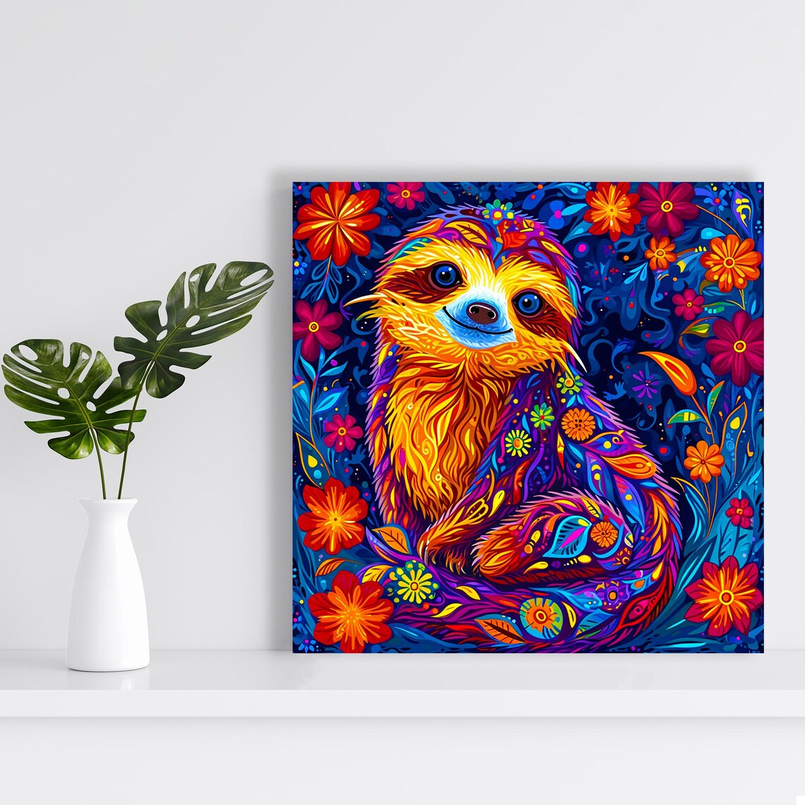 Psychedelic Sloth With Colorful Flowers Vibrant Blue Floral Fantasy Poster - Image 2