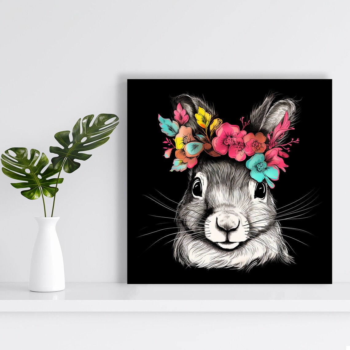 Flower Crown Squirrel Pink Yellow Teal Blooms Black Background Wall Art - Image 2