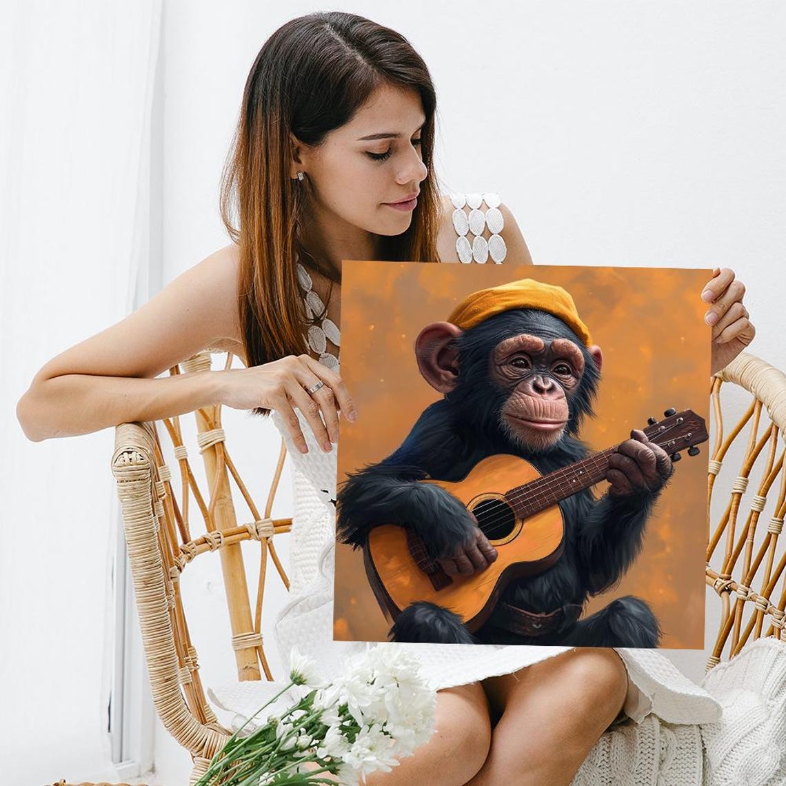 Young Chimpanzee Playing Acoustic Guitar Orange Beanie Music Poster - Image 3