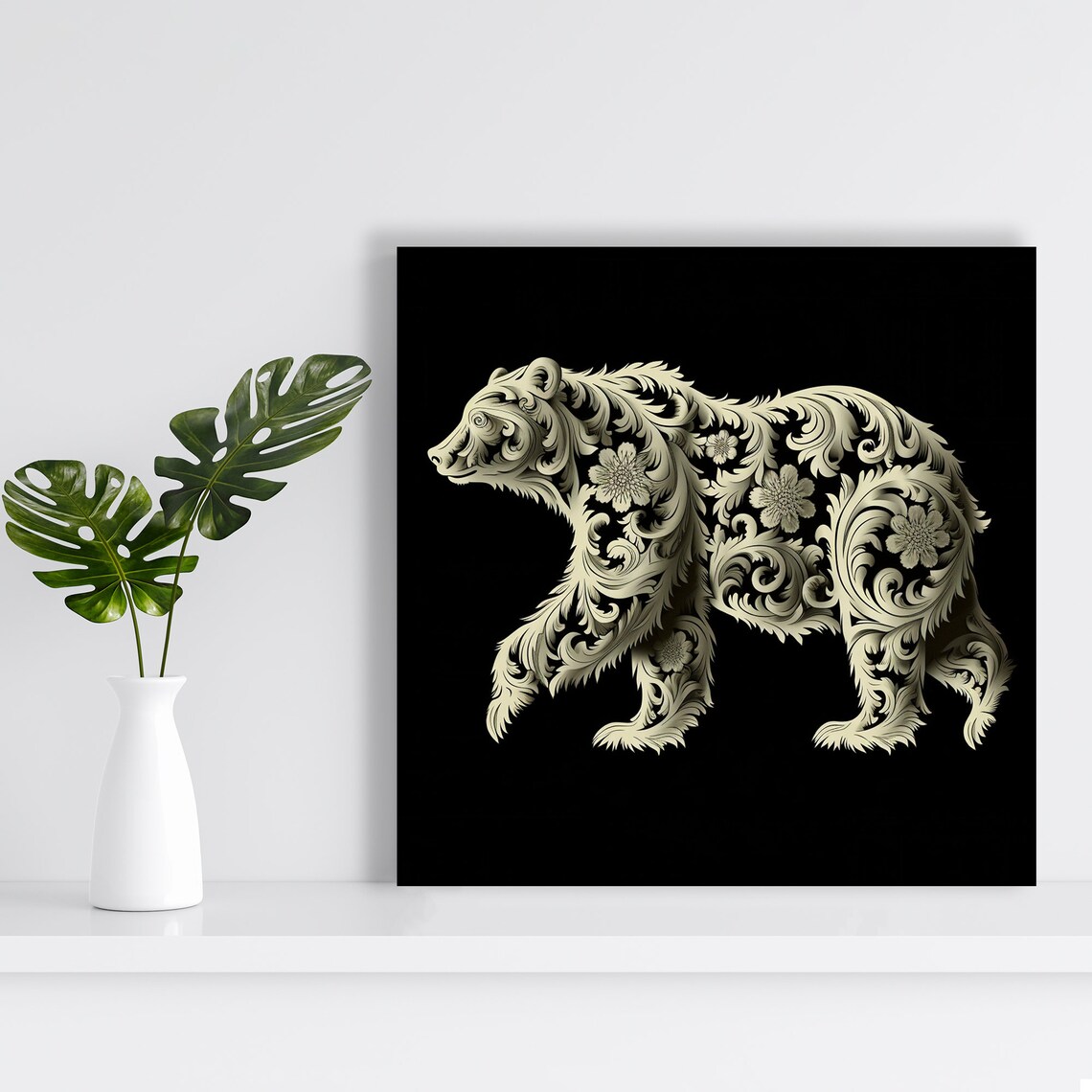 Floral Bear Walking Silhouette Ivory On Black Botanical Elegant Wall Art - Image 2