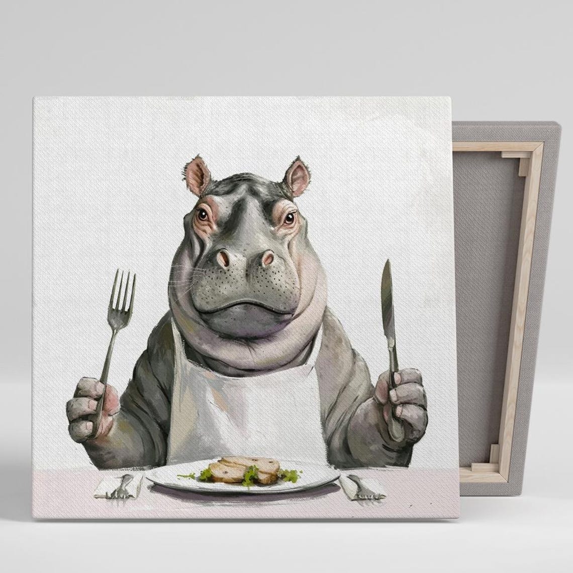 Hippo Chef Bib Fork Knife Dinner Table Funny Whimsical Food Art Poster