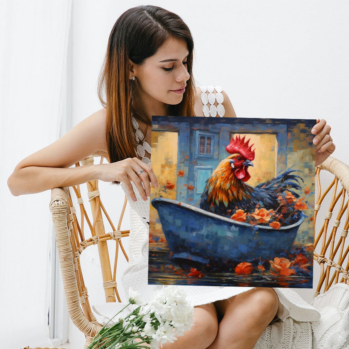 Rooster In Bathtub, Farmhouse Bathroom Art Print - Image 3